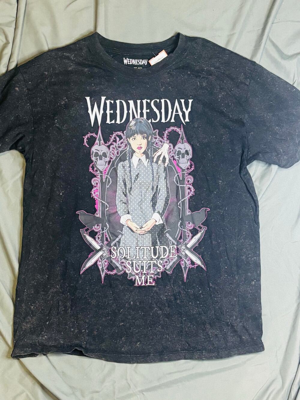 Wednesday Addams Solitude Suits Me Graphic T-Shirt Black Mineral Wash XS S M